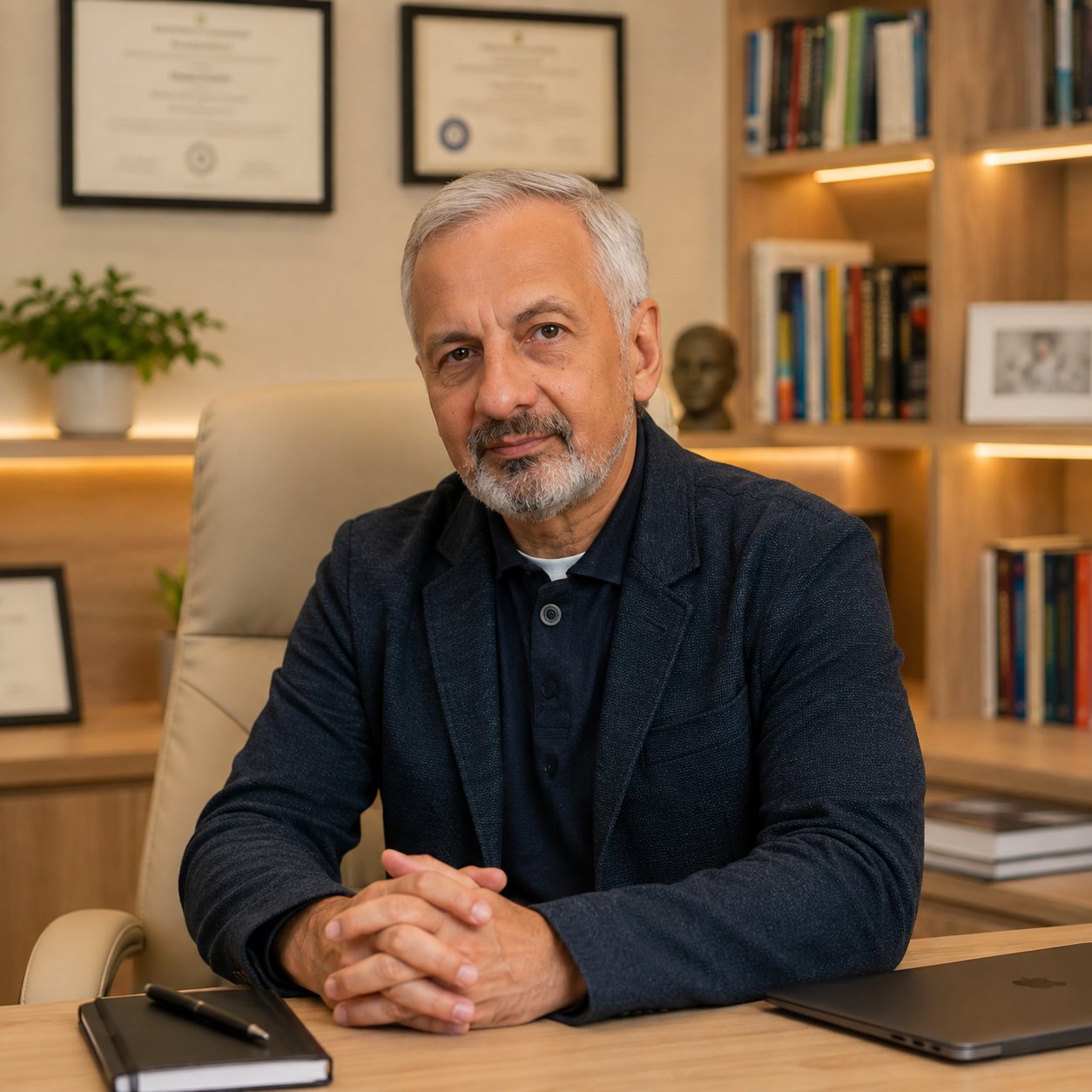 Retrato do Dr. Miguel Castro: homem de blazer azul-noite sentado à mesa de um consultório, com estante de livros, diplomas e uma planta ao fundo